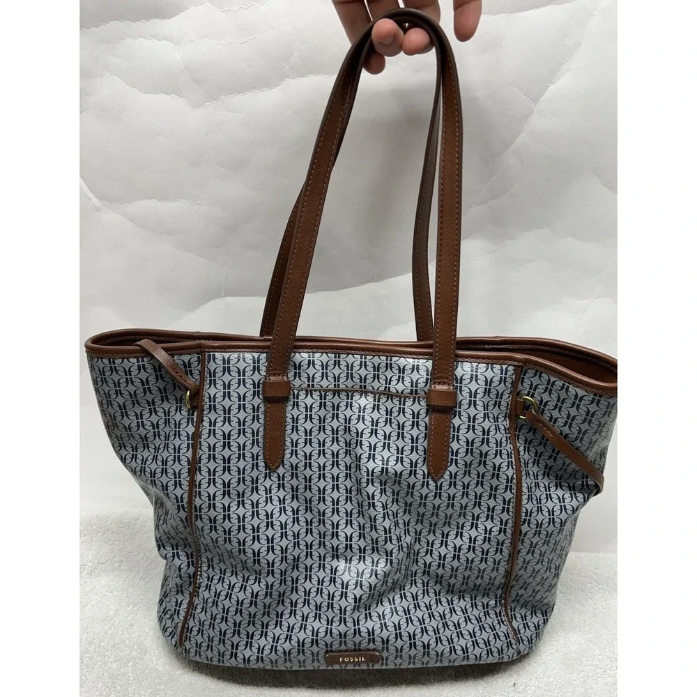 Fossil Womens Blue Leather Strap Charli Printed PVC Tote Bag